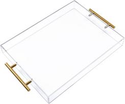 Skaidrus akrilinis serviravimo padėklas 30x40 cm su auksinėmis rankenomis