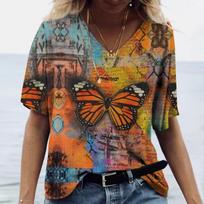 Summer Women's T-Shirt Vintage Casual Fashion V Neck Pullover Short Sleeve 3D Butterfly Print Loose Daily Tops Design Clothing S