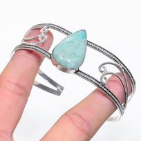 Natural Amazonite Gemstone 925 Sterling Silver Cuff Bangle Adjustable S8Y50