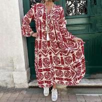 Pavasario vasara Moteriška suknelė V kaklu su gėlėmis spausdinta laisva A formos didelėmis svyruojančiomis ilgomis rankovėmis Bohemietiška etninė XXXXXL raudona