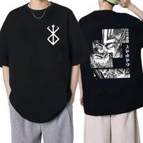 Japan Anime Berserk T-Shirt Guts Print Graphic Tee Men's 90s Summer Short Sleeve Casual Manga Dark Fantasy Black Swordsman Style XS