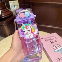 520 ml mielas vaikiškas vandens buteliukas su šiaudeliu ir dirželiu, nešiojamas lauke, plastikinis, animacinis vandens puodelis, vaikiškas stovyklavimo vandens buteliukas 520ml violetinė