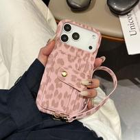 Retro Leopard Print Card Holder Phone Case with Wrist Strap, Shockproof Protective Cover for IPhone 17 Pro Max 16 iPhone11 rožinė