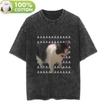 Meme Sad Crying  Cat T Shirt Vintage Washed Cotton TShirt Graphic Tee Casual Streetwear for Spring Summer Fall S