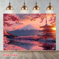 2D Mount Fuji Cherry Blossom Sunset Backdrop Japanese Temple Decor 47.2x31.5inch/120*80cm