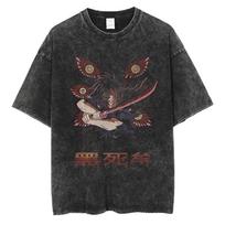Hot Anime Demon Slayer Kokushibo Graphic Print Washed T Shirt Men Vintage Cotton Tshirts Manga Casual Tee Harajuku Male Tshirt S
