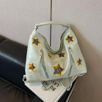 Stylish Star Design PU Commuter Tote Bag for Women Large Capacity Zippered Shoulder Bag žalia