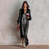 Women's Vintage- Long-sleeved Split Sequined Dress L juoda