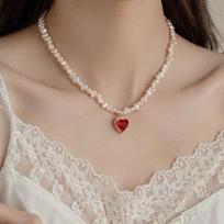 Baroque-shaped Rare Small Freshwater Pearl Necklace, Ruby Crystal Heart Pendant Necklace, Exclusive Collar Chain