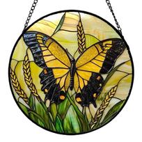 Stained Glass Window Hanging Butterfly Design Suncatcher Decorative Panel for Garden Kitchen Sunroom Home Ornament with Chain