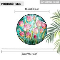 2D Flat Stained Glass Pink Tulip Window Decoration, Elegant Colored Glass Plate with Chain, Charming Spring Summer Sun Catcher Wall Art Home Garden 6.3inch