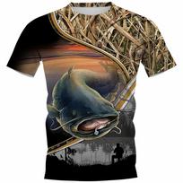 Summer Carp Fishing Print Men's T-shirt Outdoor Catfish Print Loose Short Sleeve Round Neck Plus Size Casual Street Top 2XS
