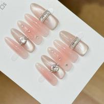 10Pcs Handmade Nude Pink Press On Nails with Sparkly Crystal & Star Details XS