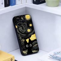 Funny Cat Van Gogh Style  Phone Case For iPhone 17,16,15,14,13,12,11 Plus,Pro Max,XS,Soft Silicone Black Cover iPhone14ProMax