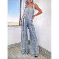 Women's Spring Vintage Washed Denim Bib Pants Loose Raw Edge Temperament One-piece Pants XL