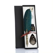 Calligraphy Feather Dip Pen with 2 Nib Set Quill Fountain Writing Pen Gift Box žalia