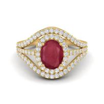 2.62 Cts Oval Shape Solitaire Ruby Halo Three Layer 925 Sterling Silver Gold Vermeil Women Wedding Ring 7