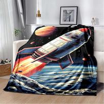 Space Astronaut Flannel Blanket, Soft Warm Throw with Cartoon Spaceman & Planet Print for Kids Bed Sofa, Cozy Bedding for Boys 80cm x 120cm