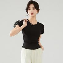 Round Neck Short-sleeved T-shirt for Women in Spring and Summer New Pleated Waist-hugging Sweet Base Top S juoda