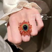 Mexican Cosmos Gemstone Flower Ring Vintage Plated 18K Gold, Pomegranate Red Zircon Water Drop Necklace
