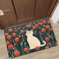 1pc Whimsical White Cat & Orange Tulips Area Mat - Soft, Non-Slip, Machine Washable Polyester Floor Mat with Vibrant Floral Desi 40x60cm