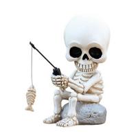 Galvą purtantis žvejybos kaukolės dervos mini skeletas žvejys skulptūra Helovino gotikos dekoras sodo tvenkinio fontano dekoras balta