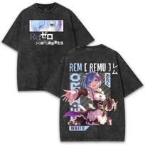 ReZero Rem Oni Horn Vintage Washed Anime TShirt Unisex Kawaii Anime Fan Streetwear Tee  Cotton Casual Short Sleeve Top L