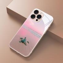 Pink Sky Beach Turtle Tempered Glass Phone Case Suitable for iPhone 17 16 15 14 13 12 11 Pro/Max/Plus Anti Drop and Anti Shock iPhone 14