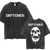 Deftones Dripping Skull Cracked Logo Double-Sided Vintage Wash Oversized T-Shirt, Unisex Alternative Metal Fan Streetwear Tee, 100% Cotton Casual L