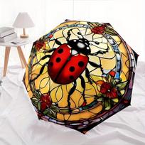 1pc Ladybug StainedGlass Themed Umbrella, 8 Rib Frame,Automatic Opening 3 Fold Umbrella, Lightweight and Durable Couple Umbrella-174