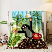 A cartoon mole holding a daisy among plants with a red floral mug. for all seasons blanket lunch break throw gift 80cm x 120cm