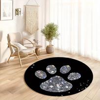 Cat Paw Print Carpet Black Round Mat With Sparkling Design Flannel Soft Floor Rug For Pet Lovers Home Decor Unique Style Diameter 60cm