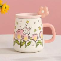 450ml Tulip Ceramic Mug with Lid Spoon High Beauty Girl Cute INS Wind Coffee Mugs Office Breakfast Milk Cup Couple Birthday Gift 401-500ml