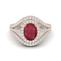 2.62 Cts Oval Shape Solitaire Ruby Halo Three Layer 925 Sterling Silver Rose Vermeil Women Wedding Ring 7