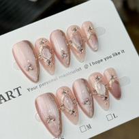 10Pcs Handmade Nude Pink Fake Nails with Ornate Gemstone Decorations XS