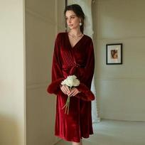 Velour Elegant Kimono Bathrobe Gown for Lady Autumn Winter Bride Wedding Robe Warm Feather Patchwork Nightgown Loungewear M