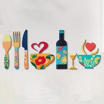 8PCS/SET Wood Floral Kitchen Utensil Pendant Self-adhesive Coffee Cup Wall Sticker  Dining Room Style C