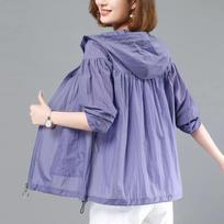 Summer Thin Breathable Sun Protection Clothing Women's Loose UV Protection Hooded Coat Tops Female Outdoor Short Outwear M violetinė