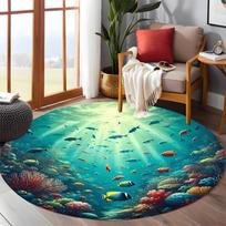 Underwater Coral Reef Fish Round Rug Ocean Marine Life Decor Soft Flannel Living Room Bedroom Bathroom Floor Mat Carpet Diameter 60cm