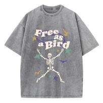 Street Women Washed TShirts Free As Bird Skeleton Man Printed Tee Shirts Comfortable Cotton Oversize Tees Summer Clothes S