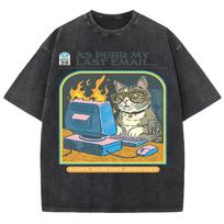 Summer Fashionable Cartoon Style Box Cat Shortsleeved Mens and Womens Washed Retro Hiphop Casual Retro Tshirt S