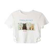 Women's Cat Print Slim-fit White Short-sleeved T-shirt Summer Sweet and Spicy Umbilical Short Student Bottoming Top XXL balta