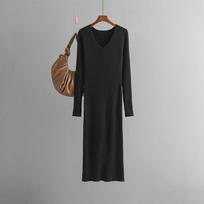 Fall Winter Lazy Wind Loose V-Neck Sweater Dress Women's Long Sleeve Straight Knit Pit Strip Wide Dresses One Size juoda