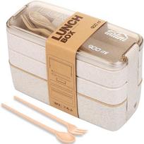 3-In-1 Compartment Wheat Straw Bento Box Reusable Tableware Lunch Containers Meal and Snack Food Containers Portable Lunch Box smėlis