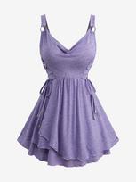 Rosegal Plus Size Cowl Neck O-Ring Lace Up Ruffles Marled Tank Top XL violetinė
