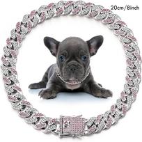 New Link Chain Dog Diamond Chain Collar Hip Hop Diamond Bling Diamond Dog Necklace 12mm Inlaid Rhinestone Pet Crystal Necklace