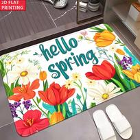 Spring Door Mat Hello Spring Flower Tulip Pattern Entrance Rug Modern Home Indoor Outdoor Decor Soft Non-Slip Welcome Carpet 40x60cm 16x24 inch