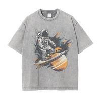 Astronaut Rides On Rocket Print Graphic T Shirts for Men Drop Shoulder Vintage Oversized Heavy Pure Cotton Mens Tops S