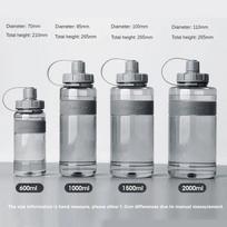 2 litrų didelis vandens butelis su šiaudeliu 2L/1.5L/1L/0.6L didelės talpos mokyklai, sporto salei, sportui, gėrimams, be BPA, fitnesui 600ML pilka