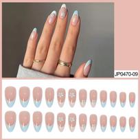 French Wearing Nail Nude Patch Fake Finger Nail Art Piece Full Sticker Color Collage Blue Flower Nail Art Sticker